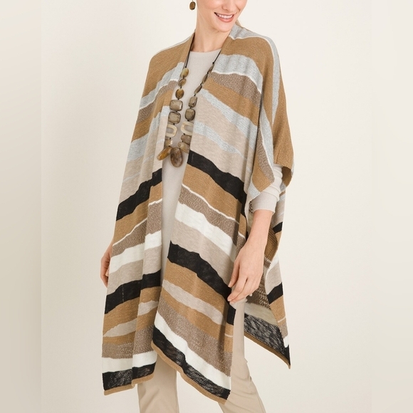 Chicos one size Textured Wave Stripe Ruana Wrap poncho - Picture 1 of 6